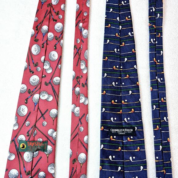 Cromley & Finch / Rooster Necktie Lot Of 2 Golf Silk Red Blue Same Length 58in - Picture 10 of 11